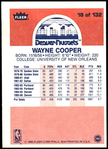 1986 Fleer 18 Wayne Cooper Denver Nuggets NM Nuggets Universidade de Nova Orleans