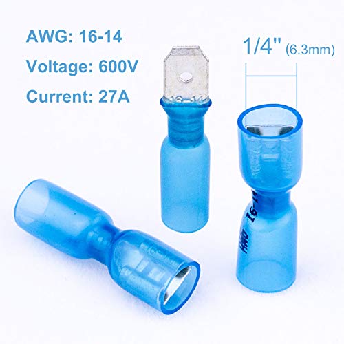 XuUAP 100 PCS Male Connectores de pá lade feminina f2 6,3 mm 1/4 '' 16-14 AWG azul e isolado timal