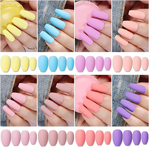 Acabamento fosco Pressione as unhas - 192pcs Ballerina Fake Unhas, 10 tamanhos, 8 cores variadas