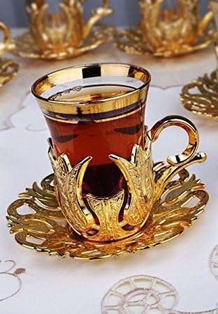 Chá turco Conjunto para 6 - copos com suportes de latão Spoons & Bandey, Small 3,3 onças