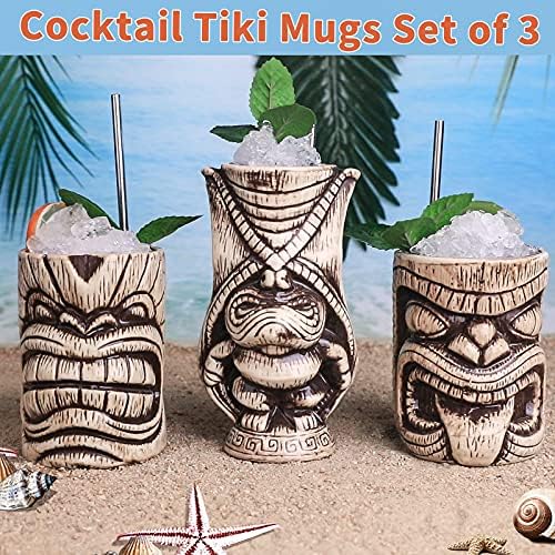 Conjunto de canecas tiki - caneca de tiki de cerâmica grande, canecas de coquetel para mai tai, soco, pina colada e bebidas de bar tropical