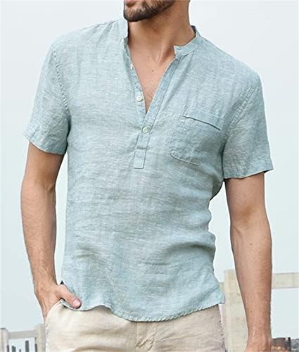Camisa de linho de algodão masculino Henley Camisa casual de manga curta Hippie Beach T Camisetas de verão Tee Hawaiian Tops com bolso