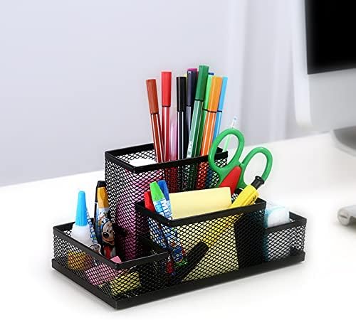 KooFull Desk Organizer Desktop Mesh Pen Pen Lápis Caddy com 4 compartimentos, acessórios de sala de aula da escola