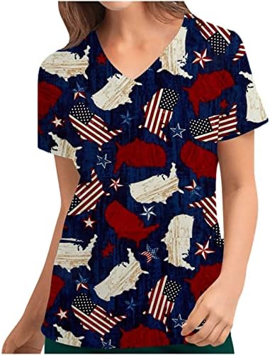 Camiseta superior para feminino 2023 Manga curta Vneck American Flag Gráfico Gráfico Gráfico Escritório Anatomia Esfregar