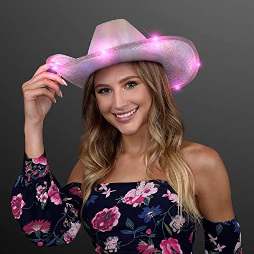 Flashingblinkylights iluminam chapéu de cowgirl rosa iridescente, chapéu de cowboy iluminado com LEDs rosa