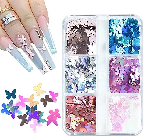 Butterfly unhas Flores 3D Para pregos, borboletas a laser brilhante glitter para acrílico design de unhas manicure paillettes ultrafinos