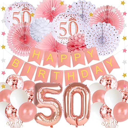 Decorações de aniversário de 60 anos, decorações de 60 anos para mulheres, faixa de feliz aniversário 60th Paper Lanterns número 60 Fã de papel de festa do balão Rose Rose Gold Latex Balloons para decorações de 60 anos