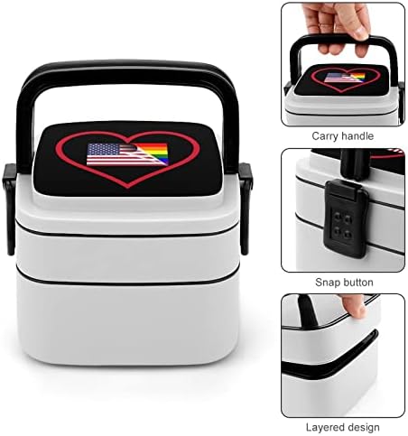 Eu amo o American Rainbow Red Heart Heart Double Layer Bento Box Box Rechaner de refeição para trabalho Offce Picnic