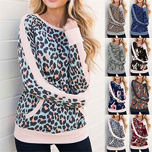 ANDONGNYWELL Feminino com estampa de leopardo de manga longa Raglan Sleeve Top Top Camouflage Prip Crew Neck Blouse