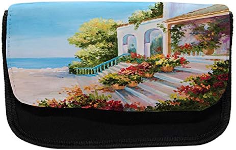 Caixa de lápis de paisagem lunarable, varanda do mar Varte House, Saco de lápis de caneta com zíper duplo, 8,5 x 5,5, verde bege