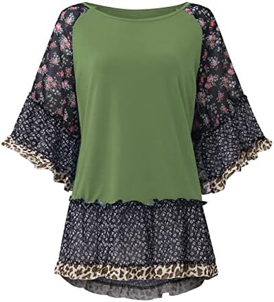 Bloups Teen Girls 3/4 Kaftan Manga One Baço ombro Skew Neck Racerback Lace Chiffon Leopard Tops Juniors