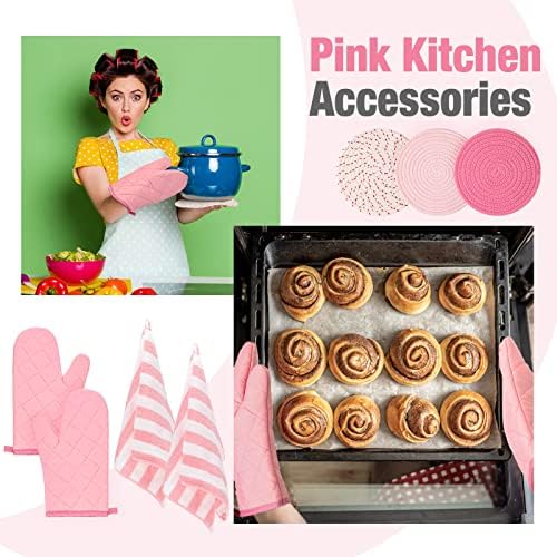 Lacas de forno rosa e suportes de panela com toalhas de cozinha Conjunto de 7, luvas de forno resistentes ao calor Lacas de algodão