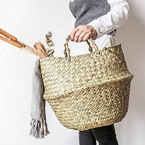 EEQEMG Made de bambu artesanal cesto de armazenamento dobrável Clthoes Laundry Basket Straw Wicker Rattan Seagrass Belly Garden Flower Plant Basket