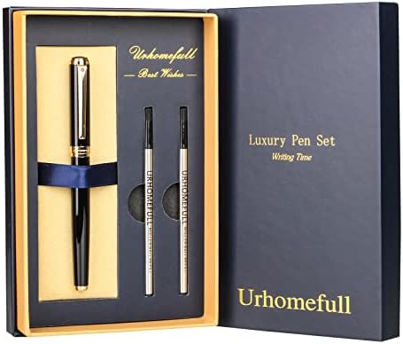 Pen de rollerball de luxo de Urhomefull com acabamento dourado de 24k, ponta da Suíça com recargas de tinta preta, preto de caneta