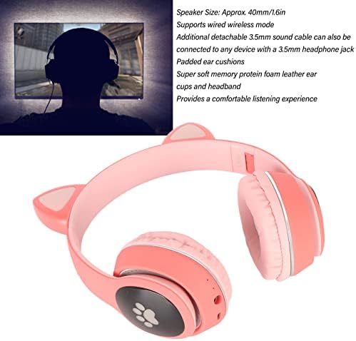 Fone de ouvido de ouvido de gato, bluetooth suporta pequenos cartões de memória linein modphone de jogo com microfone led rosa, fone