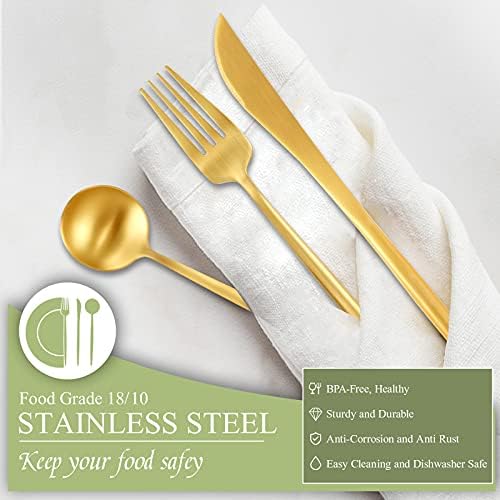 Conjunto de talheres de ouro fosco de luxo da UNMII, conjuntos de talheres de aço inoxidável de 20/10 para 4 peças de aço inoxidável para 4, talheres pretos reutilizáveis ​​para casa, cozinha e restaurante, lava-louças