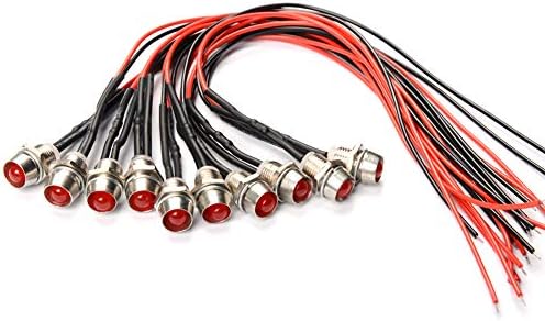 Tukibny LED Indicator Light, 10pcs 8mm 5/16 12V Indicador de metal LED leve Lâmpada à prova d'água Lâmpada piloto Dash Dash Caminhão de caminhão de carro com fio （vermelho)