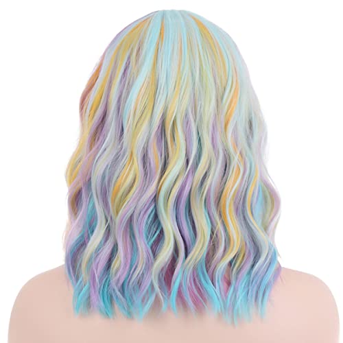 Peruca de arco -íris magqoo wig colorido com garotas bang garotas curtas curtas onduladas com várias cores perucas de cabelos