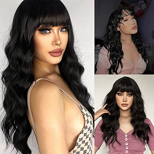 X-TRESS 20 polegadas Synthetic Black Wavy perucas com franja sintética Natural Curly Bang Black Wigs para mulheres sintéticas Cabelo