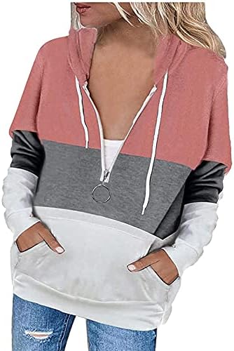 Mulheres 1/4 zíper esportivo casual Sorto básico Solide casual Capuz de manga longa Pullover de bolso de cordão leve leve