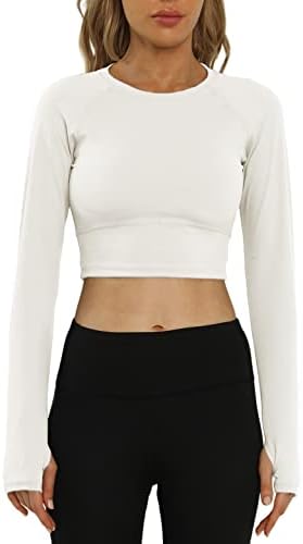 Tamas de manga longa feminina camisas de treino camisetas de pescoço redondo básico com orifícios de polegar
