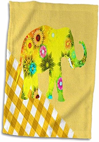 Elefante floral de imagem de rosa 3D em toalha de mão xadrez amarela, 15 x 22, multicolor