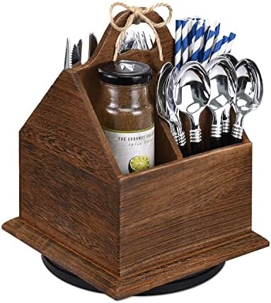 Design Ikee Design Caddy de utensílios de utensílios de utensílios de madeira com uma alça - suporte para colheres, facas, garfos, guardanapos para restaurante, sala de estar e cozinha, cor marrom