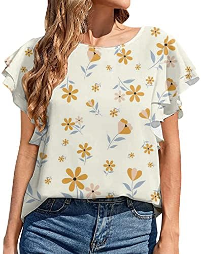 Tops de verão feminino tampos de mangas de babados em torno de pescoço redondo camisetas de chiffon