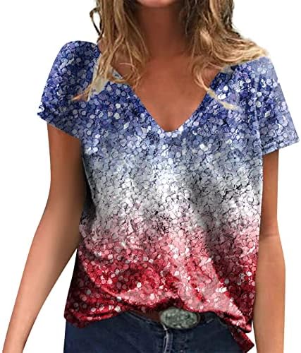 Zirts Zefotim Quarto de julho para Mulheres 2023 Manga curta V Nech Casual Summer Summer American Flag Tops Bloups