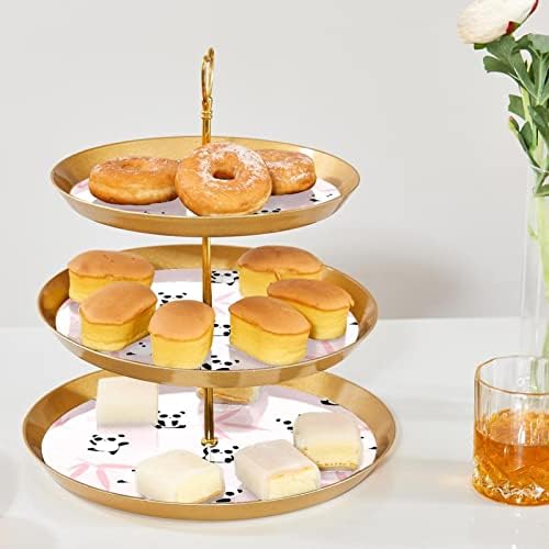Stand de cupcakes de três camadas, pandas fofas e pratos de sobremesa plásticos de bambu que servem para o chá de bebê de chá