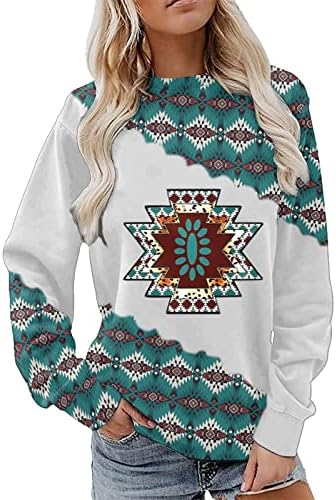 Camisetas vintage para mulheres camisa impressa asteca camisa de manga comprida camisa tribal Sorto geométrico Retro Retro Crewneck