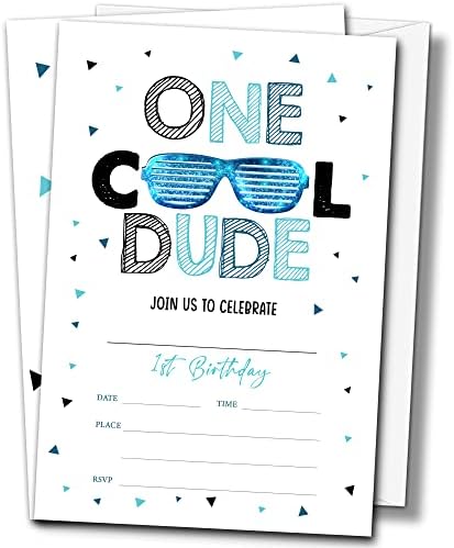Buildinest One Cool Dude Birthday Party Invitations com envelopes, 4 x6 Óculos de sol Summer Boys First Birthday Invitation Cards,