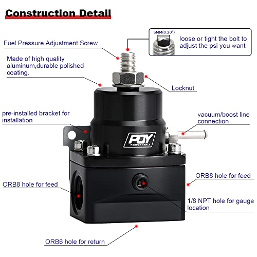 Regulador de pressão de combustível PQY AN8 Feed & An6 Linha de retorno + 0-160psi Set Black