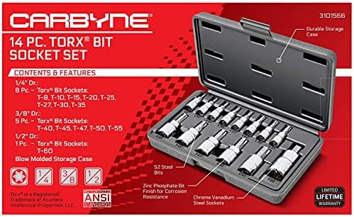 Conjunto de soquete de bit de carbyne torx-14 peças, tamanhos T-8 a T-60, bits de aço S2, soquetes de CRV | Drive de 1/4