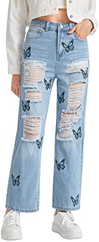 Jeans de borboleta gráfica de Wdirara Girl Ripped Jeans Straight perna reta Jean calça Jean Wash 140