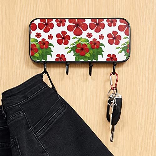 Flores de hibiscus vermelhas folhas verdes de casaco estampado montagem na parede, cacau de entrada com 4 conexão para chapéu de casaco Restas de bolsa