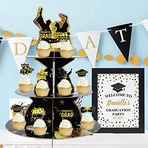 Howaf Graduation Cupcake Stands, titular de cupcakes redondos de 3 camadas de ouro preto para suprimentos de festa da temporada