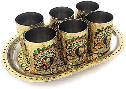 Krupasadhya aço inoxidável 6 meenakari pavão bandeja de vidro conjunto de meenakari de ouro