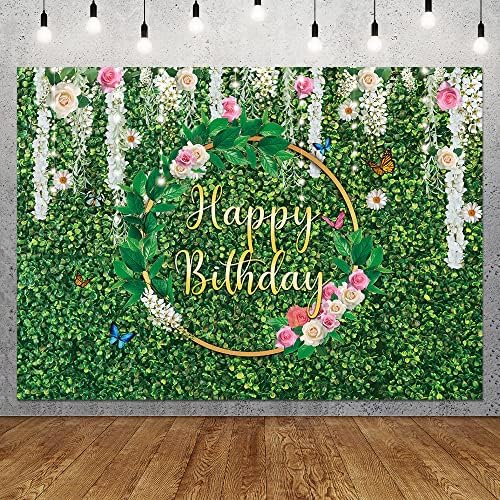 MAQTT 7x5ft Grass verde cenário de grama de feliz aniversário Party Background Greenery Wall para festas Antecedentes