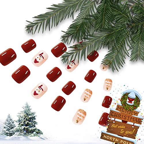 Imprensa de Natal nas unhas quadradas curtas unhas falsas árvores de floco de natal de natal acrílico prego com cola de unhas em unhas para mulheres a & meninas 24 pcs