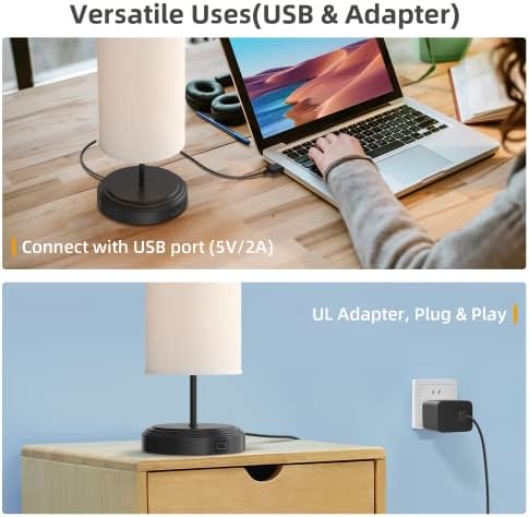 Lâmpada de cabeceira ecológica Conjunto de 2 com porta USB - Lâmpada de mesa de controle de toque para o quarto lâmpada de mesa de cabeceira com linho redonda para sala de estar, dormitório, escritório em casa