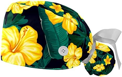 Lorvies Caps médicos para mulheres com botões de cabelo comprido, boné de trabalho ajustável de 2 peças, flor de