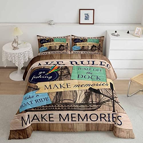 Conjunto de camas de cama do lago Rustic Farmhouse Conjunto de cama queen Tamanho Crianças meninos homens homens da cabine Decoração de bilheteria azul e marrom de manchas de madeira impressão de madeira acolchoada Lake Life Life Duvet Inserir, 2 travesseiros
