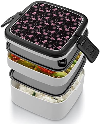 Caixa de lancheira Flamingo Grass Box de camada dupla portátil Bento Caixa de grande capacidade Recipiente de alimentos com colher