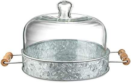 Royalty Art Farmhouse Plate com cúpula de vidro, cozinha rústica e prato da sala de jantar com alças de transporte, base de aço galvanizado,