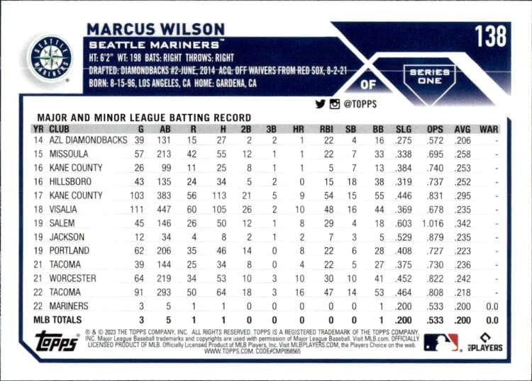 2023 Topps 138 Marcus Wilson RC Rookie Seattle Mariners Series 1 MLB Baseball Trading Card