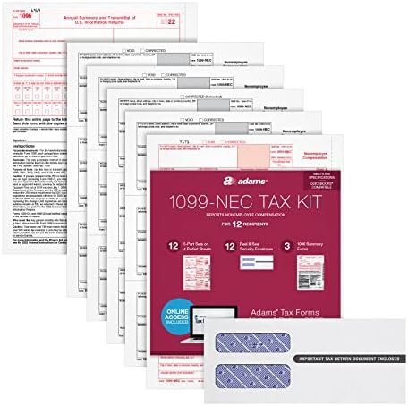 Adams 1099 NEC Forms 2022, Kit de impostos para 12 destinatários, 5 partes do laser 1099 Forms, 3 1096, Envelopes de self