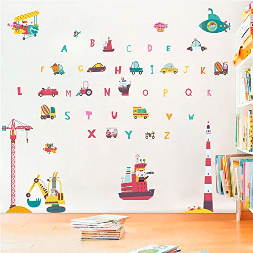 WallPark Inglês Alfabeto Adesivo de parede Veículos de carro ABC Cartas removíveis Decalque de parede, crianças infantil Baby Home