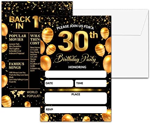 Chuxvon Convites de festa de 30º aniversário, convites de aniversário preto e dourado, preenchimento de papel dourado de dupla folha.